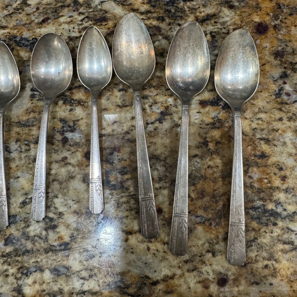 Vintage Simeon L & George H Rogers Silver Plate Spoons Set of 7 Art Deco Floral